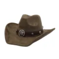 Autumn winter suede cowboy hat wide brim jazz fedora with leather strap and metal concho - 58cm / Army Green
