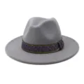 Primer plano detallado del elegante sombrero de fieltro gris con cinta morada y oro. - Gris claro