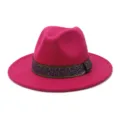Primer plano detallado del elegante sombrero fedora de lana fucsia con cinta retro. - Rosa rojo