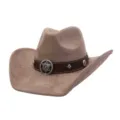 Detail view of a stylish brown suede cowboy hat with metallic star badge and leather band. - 58cm / Dusty Pink
