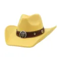 Yellow suede cowboy hat with brown leather band and metal badge for fashion outdoor wear. - 58cm / Bright yellow