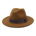 Detailed view of the brown wool fedora hat featuring a stylish purple and gold ribbon band. - Khaki