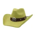 Yellow suede cowboy hat with brown leather band, vintage metal star medallion western jazz cap. - 58cm / Avocado Green