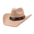Detail shot of beige suede cowboy hat, showing brown leather band and metal concho decoration. - 58cm / Champagne