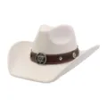 Close-up detail of white faux suede western cowboy hat featuring brown leather band and metal badge. - 58cm / Cream