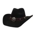 Black suede cowboy hat with brown leather band and metal conchos for autumn winter fashion style - 58cm / Black