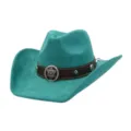 Detailed view of the turquoise suede cowboy hat, featuring a dark brown band and silver medallion. - 58cm / Peacock Light Blue