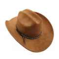 Détail chapeau cowboy western en daim marron, large bord avec bande noir et lanière en cuir. - M (56-58cm) / Kaki