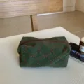Retro dark green embroidered canvas cosmetic bag, chic makeup brush storage pouch. - L / Green