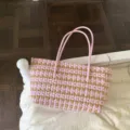 Rosa braune gewebte Tasche grosse Kapazität Strandkorb Freizeit Handtasche Damen - Rosa und Braun Gitter / Rosa