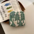 Linnen geborduurde vierkante sieraden opbergtas, klein rits tasje voor ringen en kettingen - Vierkante opbergtas / Pine Tree