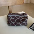 Retro embroidered cosmetic bag with stylish ring pattern fabric makeup pouch storage organizer - L / Brown