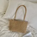 Beige woven tote bag, hollow out beach basket shoulder bag for women summer daily commute. - Turmeric