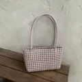 Chic woven beach tote bag for women, stylish plastic mesh shoulder bag for summer vacation. - Oatmeal