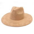 Close-up view of a stylish camel suede fedora hat, showing the fine texture and wide brim. - M (56-58cm) / Camel