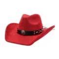 Red suede cowboy hat featuring a black studded leather band and vintage metal concho badge. - 58cm / Burgundy