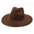 Brown suede fedora hat wide brim stylish retro men women autumn winter fashion headwear - M (56-58cm) / Coffee
