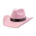 Pink suede cowboy hat detail showing black studded leather band and vintage metal concho. - 58cm / Sakura Pink