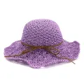 Purple handmade crochet straw hat with brown ribbon bow, foldable wide brim sun beach hat. - Purple