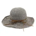 Women summer crochet straw hat hollow sun hat foldable wide brim beach hat grey detail - Gray