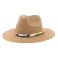 Detailed view of summer straw fedora hat with colorful woven rope trim, wide brim sun protection. - Khaki