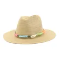 Details of the summer straw fedora hat with colorful woven rope band, wide brim design. - Deep Beige