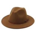 Brown felt fedora hat detail, wide flat brim, elegant thin leather strap with metal buckle. - 58cm / Khaki