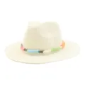 Summer straw fedora sun hat with colorful braided rope band for outdoor beach travel style. - Cream White