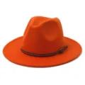 Orange wool fedora hat detail, wide flat brim, brown leather strap with metal buckle. - 58cm / Orange Yellow