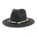 Detailed view of the black straw fedora hat featuring a stylish colorful woven rope trim. - Black