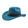 Blauer Wildleder Western Cowboyhut mit Nieten Lederband und kleine Pistolen Dekoration. - 58cm / Seeblau