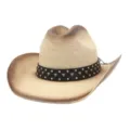 Detail shot of a vintage straw cowboy hat featuring a studded black leather band and curved brim. - M (56-58cm) / Beige