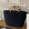 Black cotton rope woven tote bag with bamboo handles large capacity summer beach basket bag. - Black