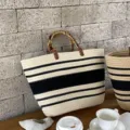 Summer casual woven tote bag with bamboo handle large capacity striped straw handbag for women - Black & White Stripes
