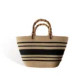 Woven straw handbag with bamboo handles and black stripes, large capacity summer beach tote bag. - Black and Coffee Striped