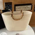 Woven cotton rope tote bag with bamboo handle large capacity summer handbag casual beach purse. - White
