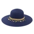 Chapeau de paille bleu marine pour femme avec decoration de coquillages et perles grand bord - Taille unique / Bleu Marine