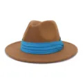 Detailed view of the brown wool fedora hat with blue pleated ribbon band texture. - Khaki