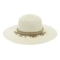 Vue détaillée du bord de chapeau de paille avec corde tressée décorative et coquillages. - Taille unique / Blanc Lait