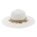 Gros plan détail du chapeau de paille à large bord pour femmes avec corde tressée et coquillages. - Taille unique / Blanc