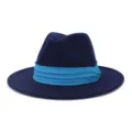Cappello fedora in lana tesa piatta autunno inverno uomo donna con nastro blu elegante. - Blu navy