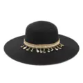 Chapeau de paille noir pour femme avec franges de perles de coquillage pour la plage. - Taille unique / Noir