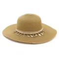 Vue detaillee chapeau de paille femme avec corde tressee et coquillages decoration plage. - Taille unique / Kaki