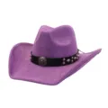 Purple suede cowboy hat detail, featuring a black studded band and retro metal buckle design. - 58cm / Medium Purple