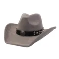 Close-up of the textured grey suede cowboy hat, featuring metallic studs and a retro buckle. - 58cm / Charcoal Grey