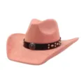 Pink suede cowboy hat for women, wide brim western fedora with black leather band and metal rivets. - 58cm / Rose Quartz