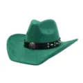 Close-up detail of green suede cowboy hat featuring metal studs and vintage belt buckle. - 58cm / Green
