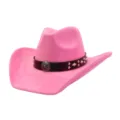Close-up detail of the pink soft suede cowboy hat with studded brown belt and metal buckle. - 58cm / Barbie Pink