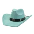 Turquoise suede cowboy hat detail, featuring black band and metal studs for western style. - 58cm / Mint Green