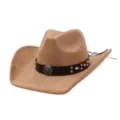 Detailed close-up view of the soft suede western cowboy hat with leather band and metal studs. - 58cm / Camel